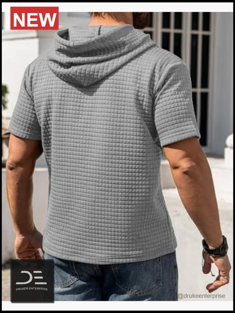 Short Sleeve Hoodie with Kanga Pocket Waffle Knit Pullover - Picture 5 of 6